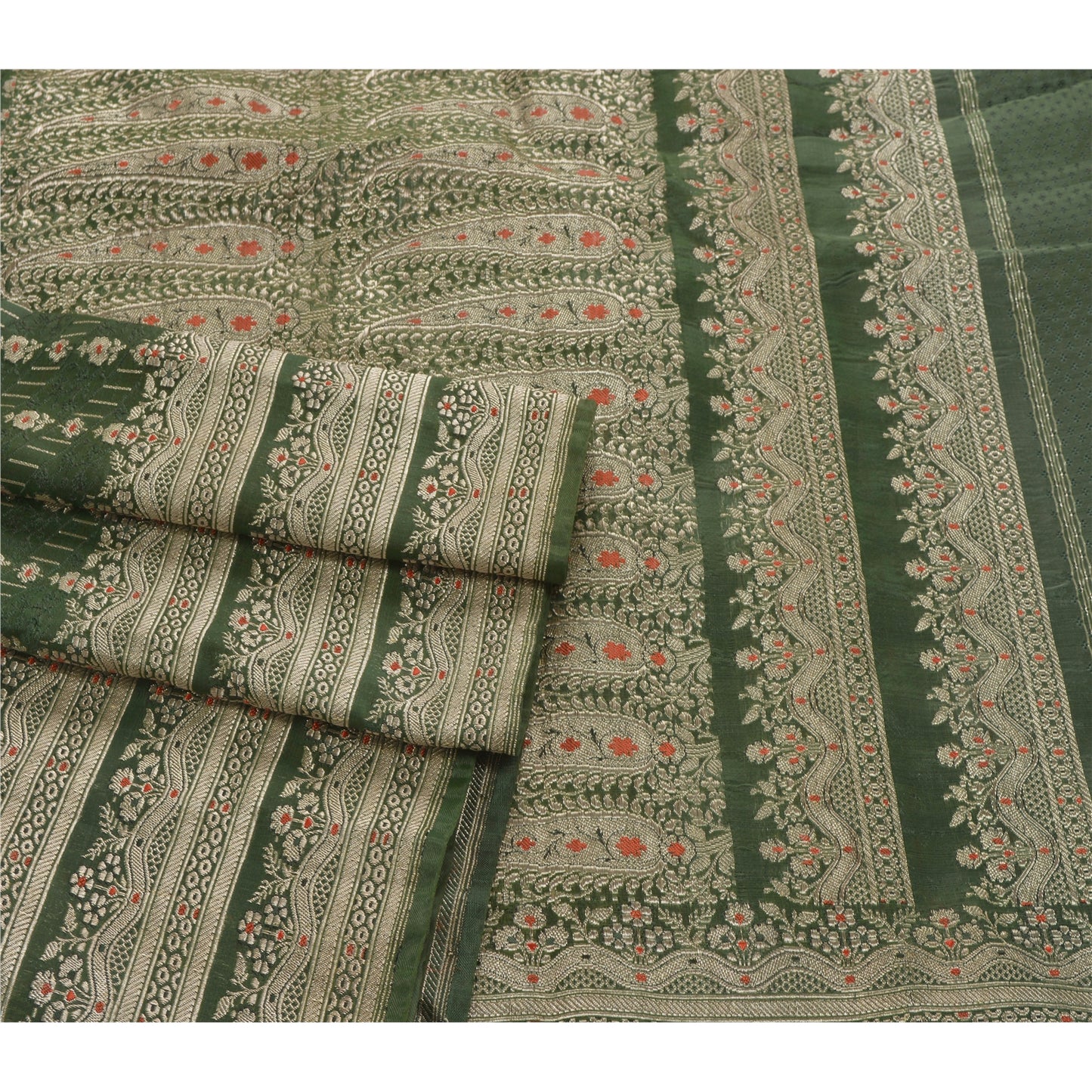 Sanskriti Vintage Green Heavy Saree Art Silk Banarasi Brocade Sustainable Fabric Zari Sari