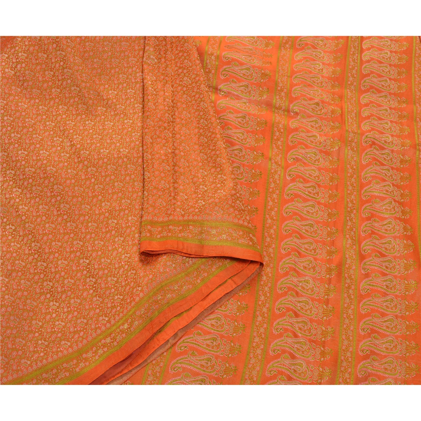 Sanskriti Vintage Orange Heavy Saree 100% Pure Satin Silk Banarasi Woven Sustainable Fabric Sari