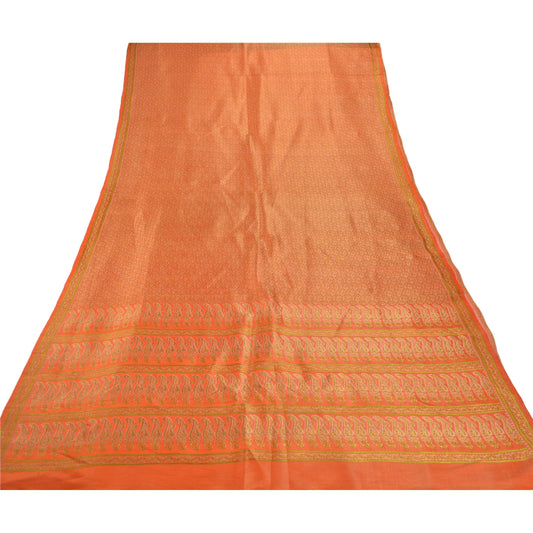 Sanskriti Vintage Orange Heavy Saree 100% Pure Satin Silk Banarasi Woven Sustainable Fabric Sari
