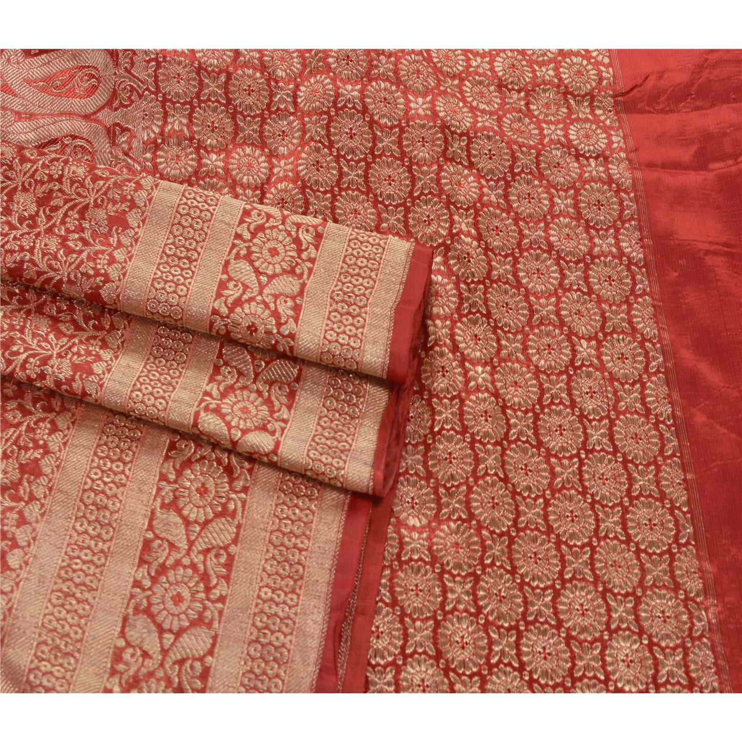 Sanskriti Vintage Red Heavy Saree Art Silk Banarasi Brocade Sustainable Fabric Zari Sari