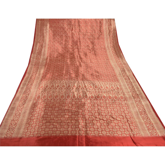 Sanskriti Vintage Red Heavy Saree Art Silk Banarasi Brocade Sustainable Fabric Zari Sari