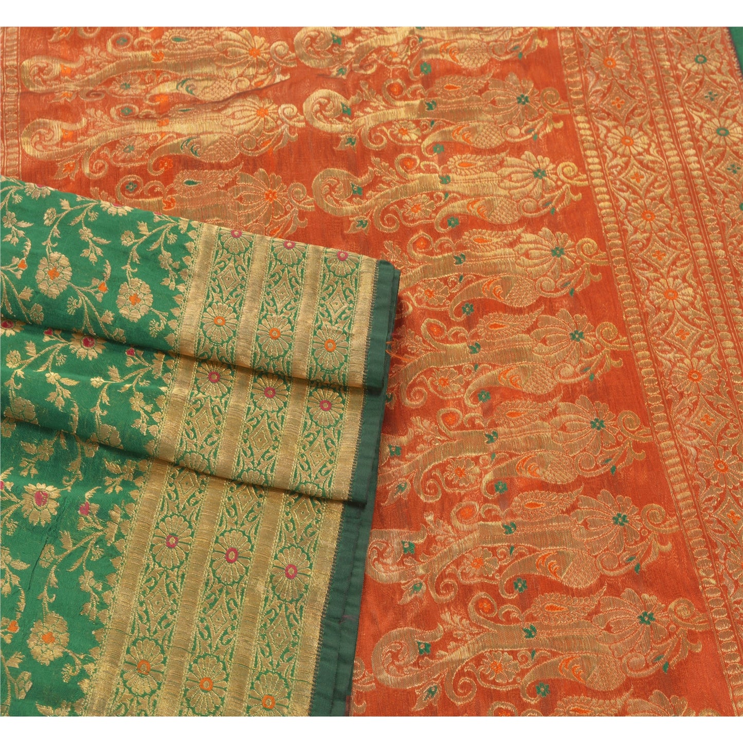 Sanskriti Vintage Green Heavy Saree Art Silk Banarasi Brocade Sustainable Fabric Zari Sari