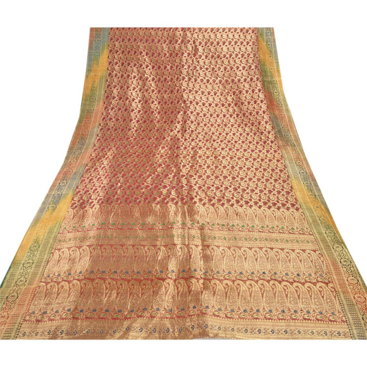Sanskriti Vintage Heavy Saree Pure Organza Silk Banarasi Brocade Sustainable Fabric Sari