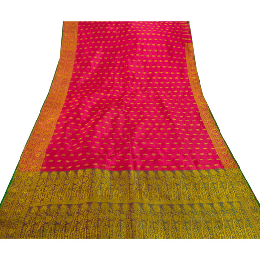 Sanskriti Vintage Pink Heavy Saree Blend Silk Woven Banarasi Brocade Sustainable Fabric Sari