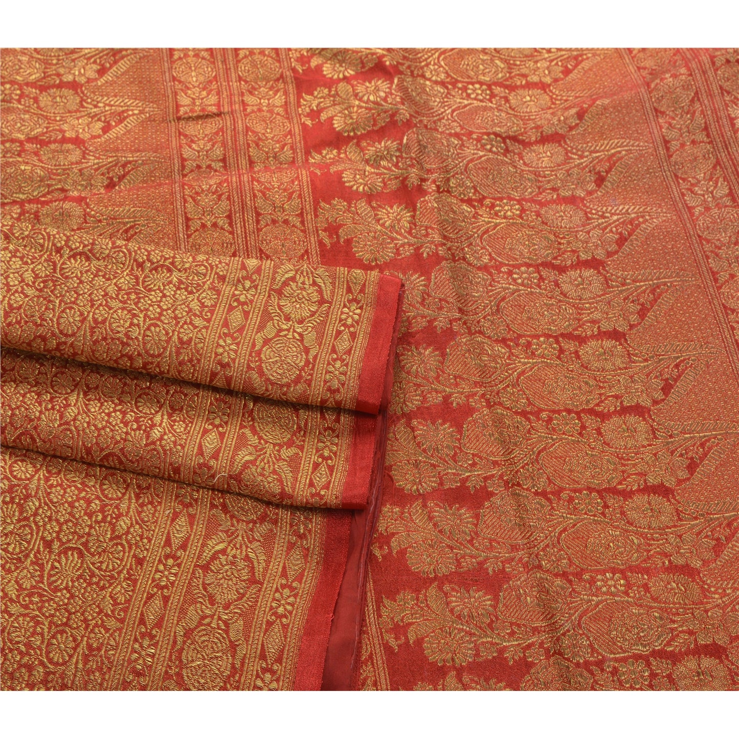 Sanskriti Vintage Red Heavy Saree Art Silk Banarasi Brocade Sustainable Fabric Zari Sari
