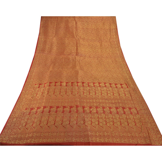 Sanskriti Vintage Red Heavy Saree Art Silk Banarasi Brocade Sustainable Fabric Zari Sari