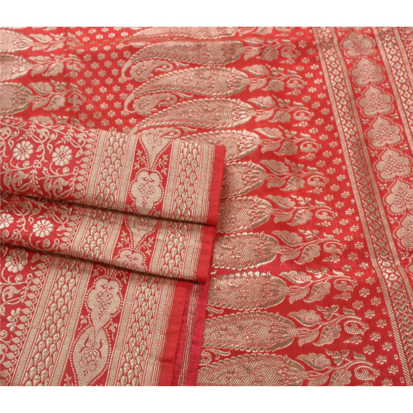 Sanskriti Vintage Red Heavy Saree Satin Banarasi Brocade Sustainable Fabric Craft Zari Sari