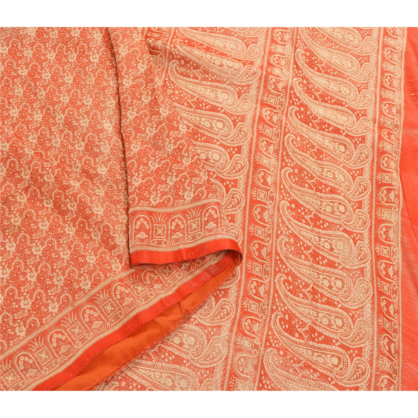 Sanskriti Vintage Peach Heavy Saree 100% Pure Silk Banarasi Brocade Sustainable Fabric Sari