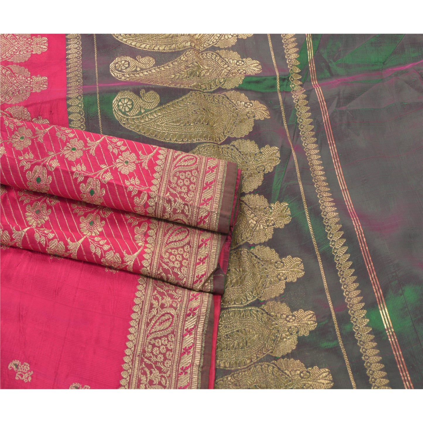 Sanskriti Vintage Pink Heavy Saree Satin Woven Brocade Banarasi Sari Zari Sustainable Fabric