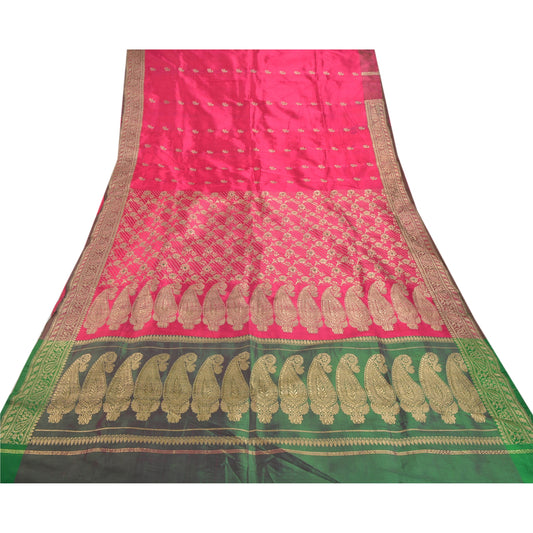 Sanskriti Vintage Pink Heavy Saree Satin Woven Brocade Banarasi Sari Zari Sustainable Fabric