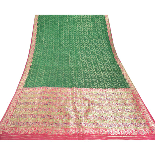 Sanskriti Vintage Green Heavy Saree Pure Silk Woven Brocade Banarasi Sari Sustainable Fabric