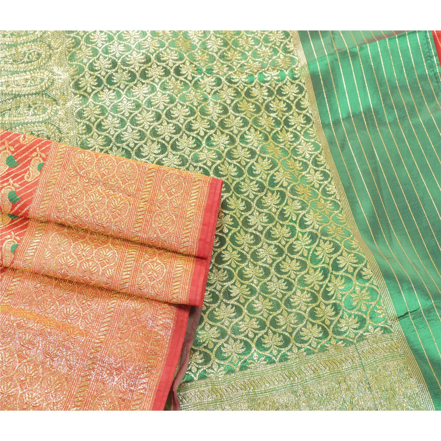 Sanskriti Vintage Red Heavy Saree Art Silk Brocade Banarasi Zari Hand Woven Sustainable Fabric Paisley Sari