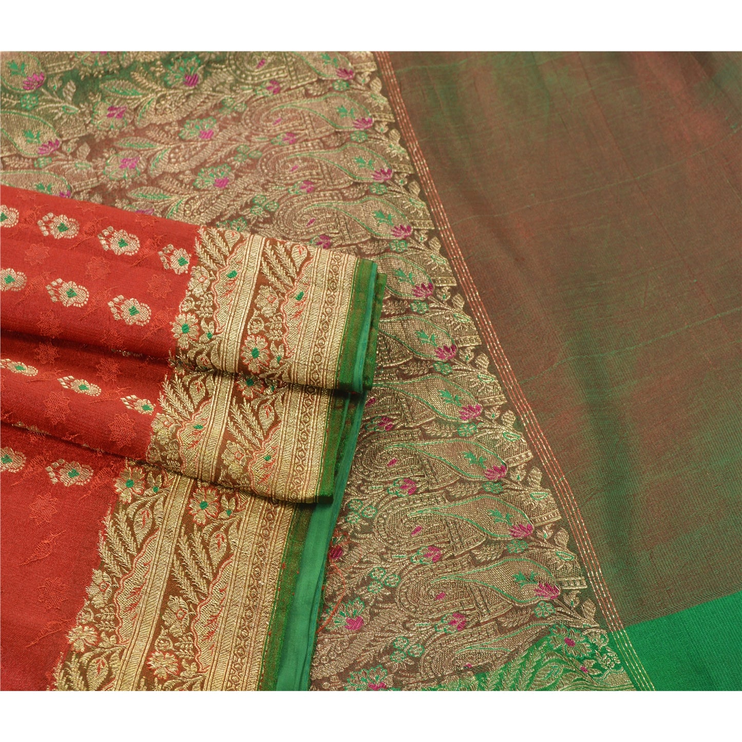 Sanskriti Vintage Red Heavy Saree Art Silk Woven Brocade/Banarasi Sustainable Fabric Sari