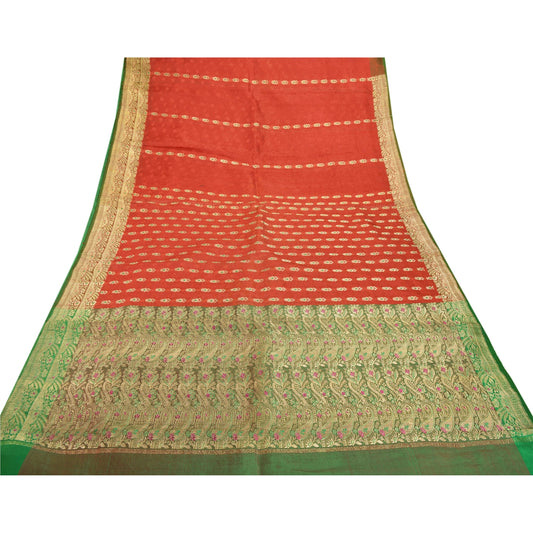 Sanskriti Vintage Red Heavy Saree Art Silk Woven Brocade/Banarasi Sustainable Fabric Sari