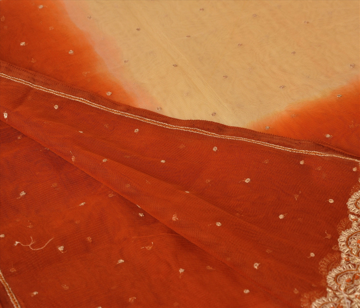 Sanskriti Vintage Dupatta Long Stole Net Mesh Orange Scarves Hand Beaded Hijab