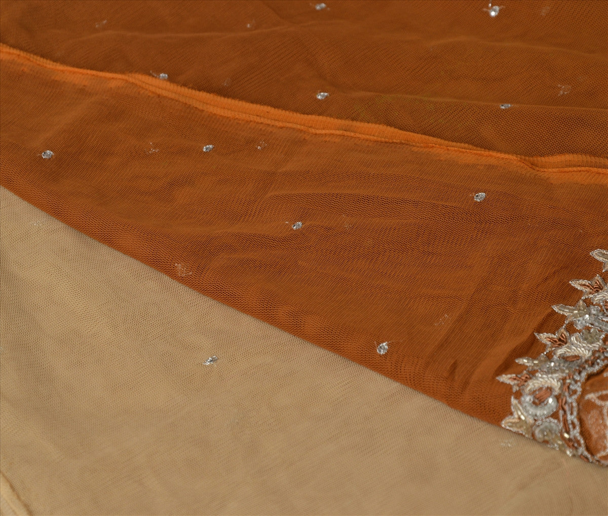 Sanskriti Vintage Dupatta Long Stole Net Mesh Brown Hijab Hand Beaded Wrap Veil