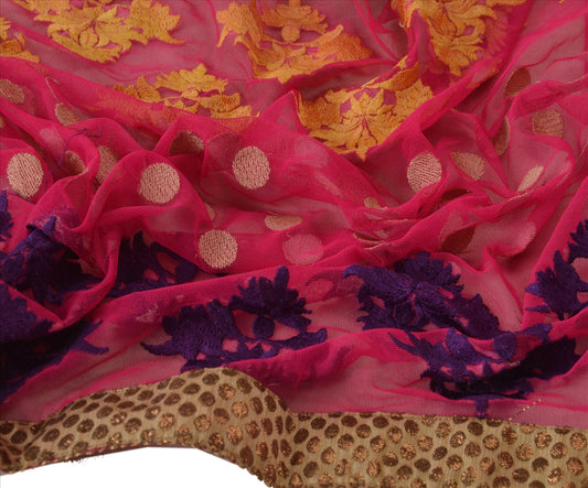 Sanskriti Vintage Dupatta Long Stole Net Mesh Pink Hijab Embroidered Wrap Veil