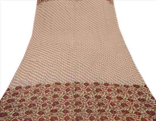 Sanskriti Vintage Dupatta Long Scarf Georgette Cream Brown Hand Embroidered Kantha Stole