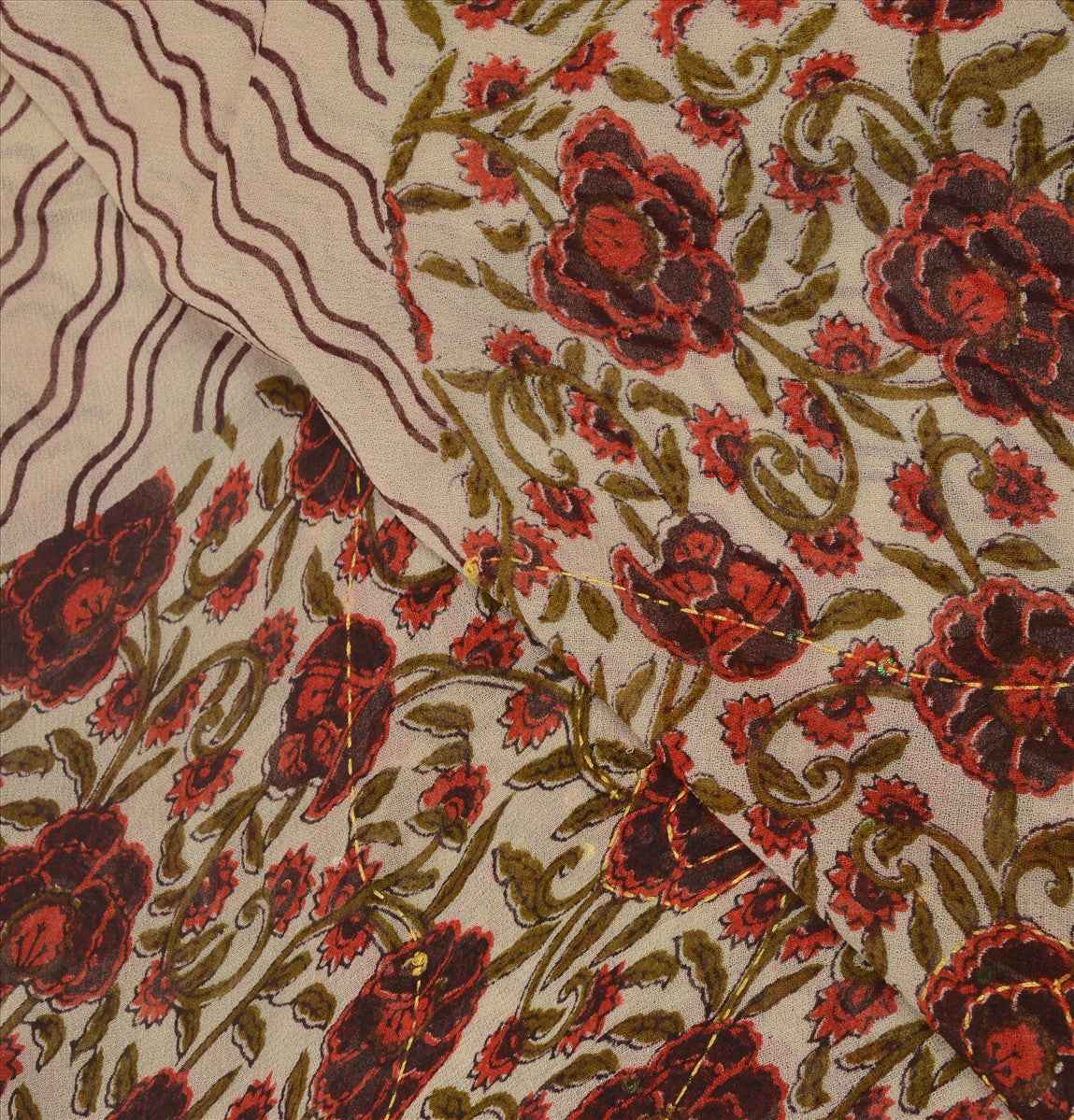 Sanskriti Vintage Dupatta Long Scarf Georgette Cream Brown Hand Embroidered Kantha Stole