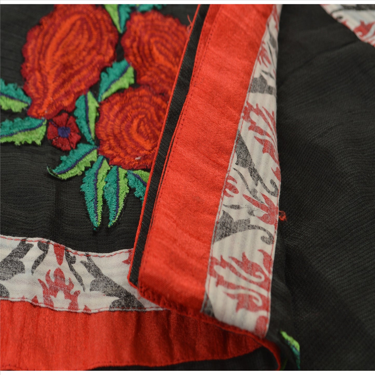 Sanskriti Vintage Dupatta Long Stole Art Silk White Black Veil Embroidered Wrap Hijab