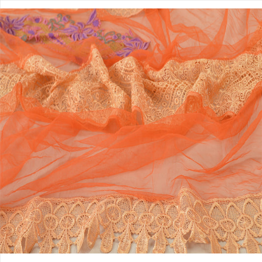 Sanskriti Vintage Dupatta Long Stole Net Mesh Orange Hijab Embroidered Scarves