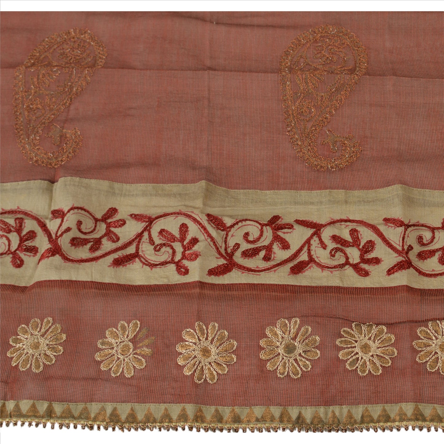 Sanskriti Vintage Dupatta Long Stole Art Silk Maroon Hijab Hand Embroidered Scarves
