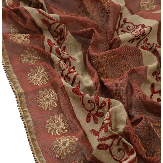 Sanskriti Vintage Dupatta Long Stole Art Silk Maroon Hijab Hand Embroidered Scarves