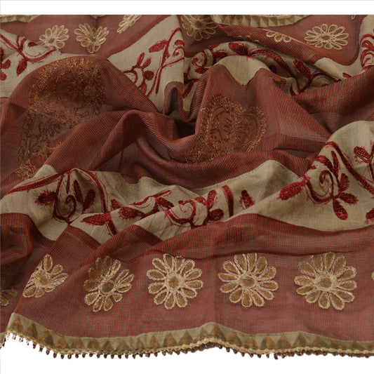 Sanskriti Vintage Dupatta Long Stole Art Silk Maroon Hijab Hand Embroidered Scarves