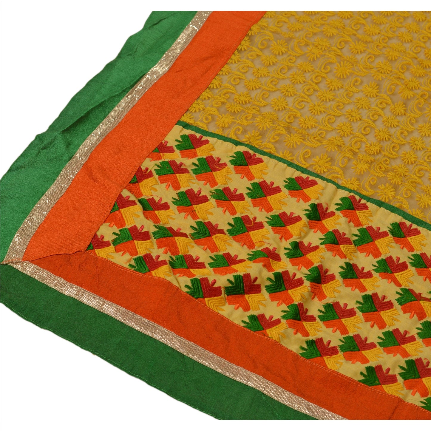 Sanskriti Vintage Dupatta Long Stole Net Mesh Yellow Hijab Embroidered Scarves