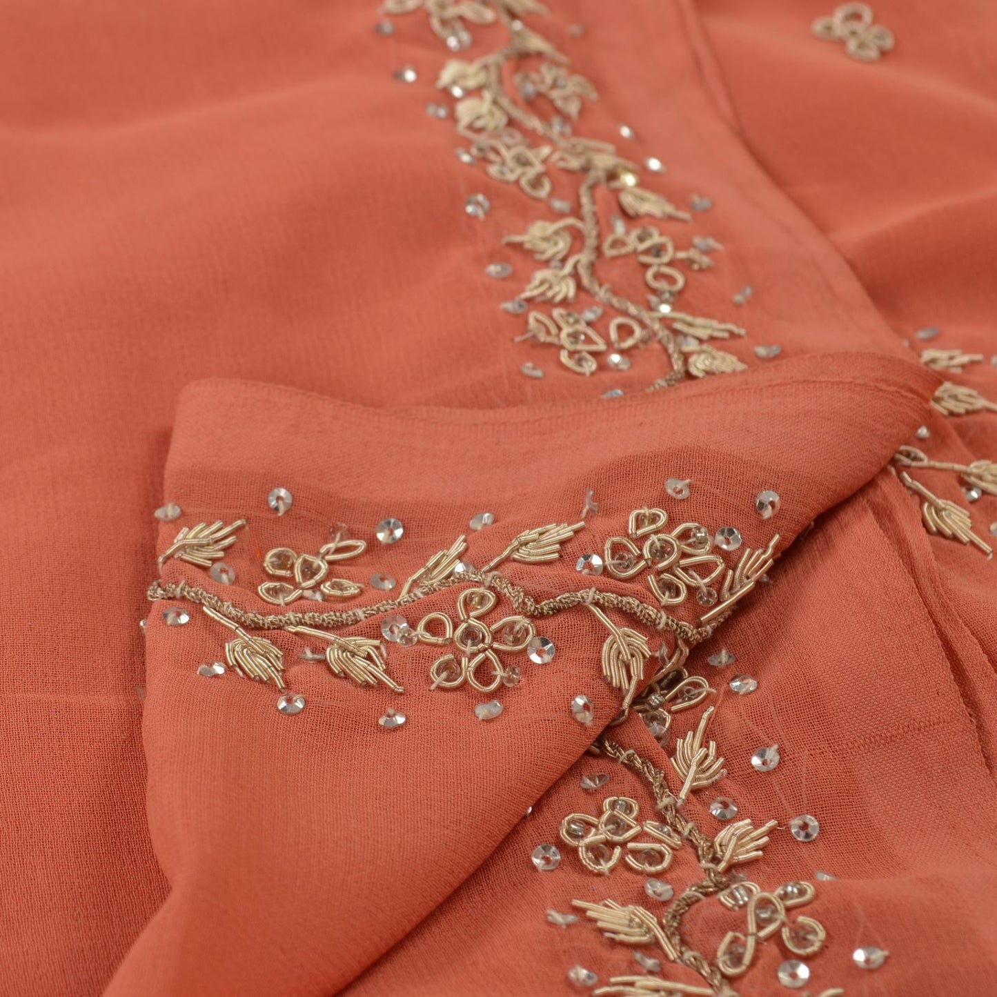 Sanskriti Vintage Dupatta Long Stole Georgette Peach Scarves Hand Beaded Hijab