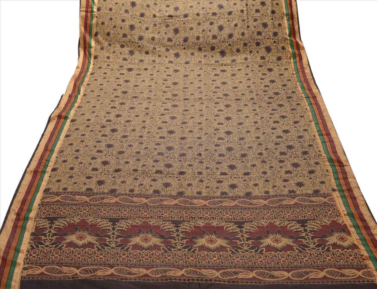 Sanskriti Vintage Dupatta Long Scarf Cotton Brown Hijab Woven Veil Wrap Floral Stole