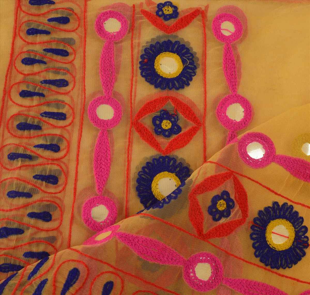 Sanskriti Vintage Dupatta Long Stole Net Mesh Yellow Hand Embroidered Wrap Veil