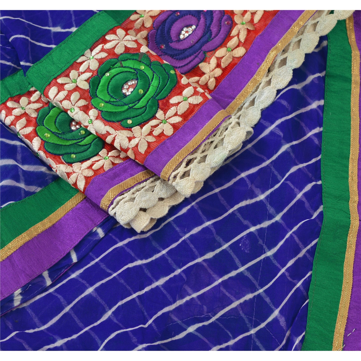 Sanskriti Vintage Dupatta Long Stole Chiffon Silk Blue Hijab Hand Beaded Leheria Wrap Veil