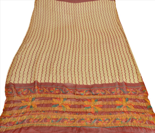 Sanskriti Vintage Dupatta Long Stole Cotton Cream Hand Embroidered Kantha Wrap Veil