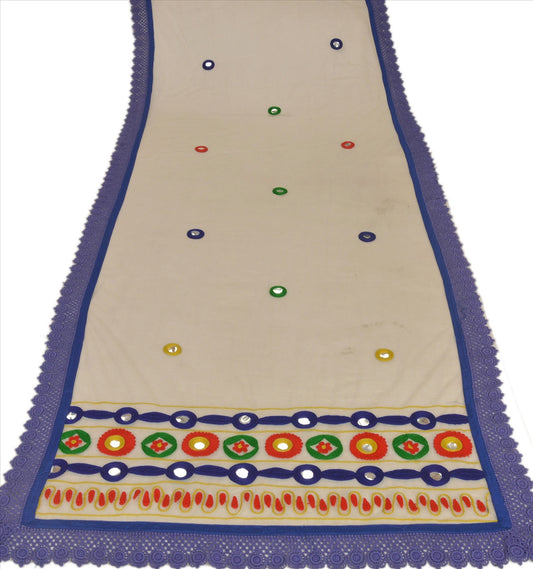 Sanskriti Vintage Dupatta Schal Long Stola Net Mesh Cream Hand Embroidered Scarves