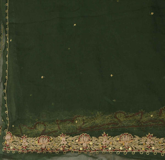 Sanskriti Vintage Dupatta Long Stole Chiffon Silk Green Hand Beaded Wrap Veil