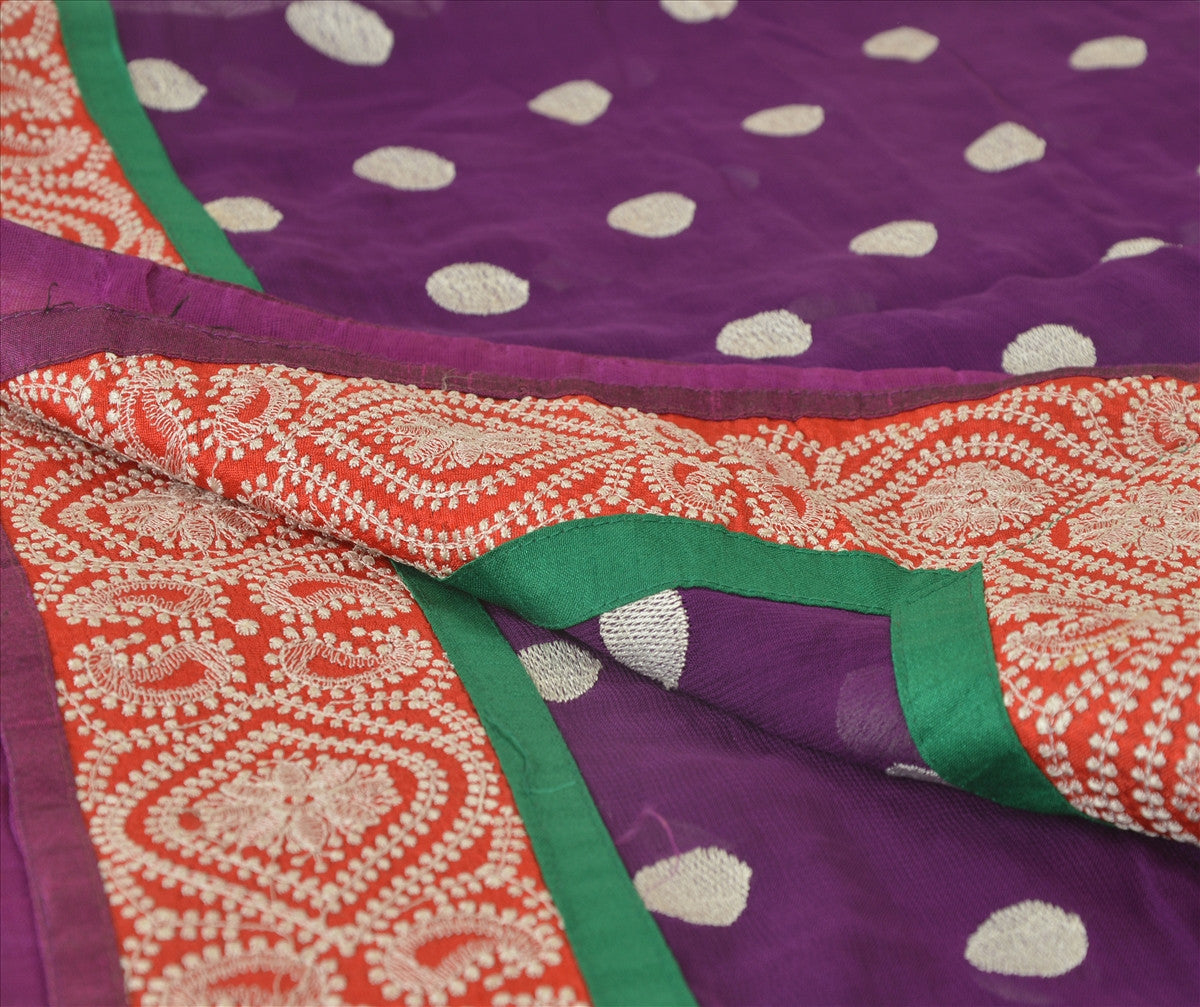 Sanskriti Vintage Dupatta Long Stole Georgette Purple Embroidered Wrap Scarves