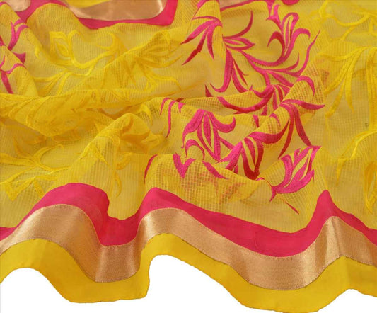 Sanskriti Vintage Dupatta Long Stole Art Silk Yellow Scarves Embroidered Hijab