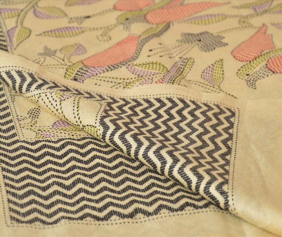Sanskriti Vintage Dupatta Long Stole Art Silk Cream Wrap Hijab Kantha Printed Veil Scarves