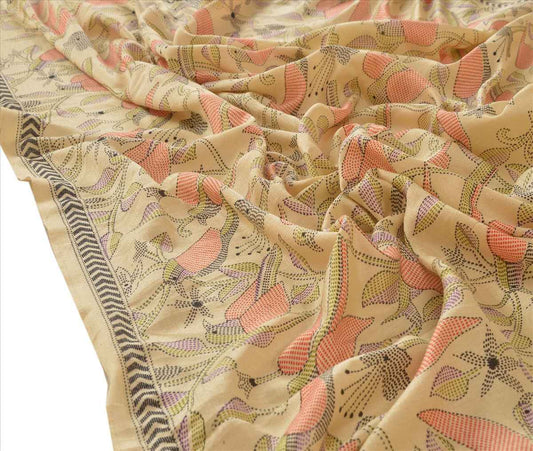 Sanskriti Vintage Dupatta Long Stole Art Silk Cream Wrap Hijab Kantha Printed Veil Scarves