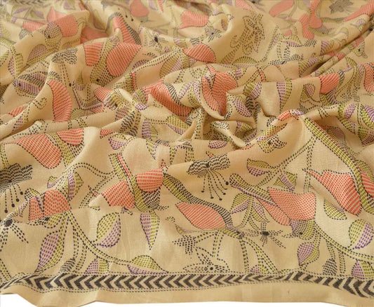 Sanskriti Vintage Dupatta Long Stole Art Silk Cream Wrap Hijab Kantha Printed Veil Scarves