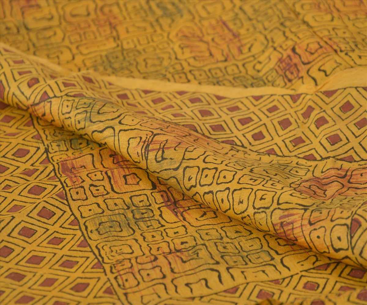 Sanskriti Vintage Dupatta Long Stole Pure Silk Yellow Wrap Hijab Printed Veil Scarves