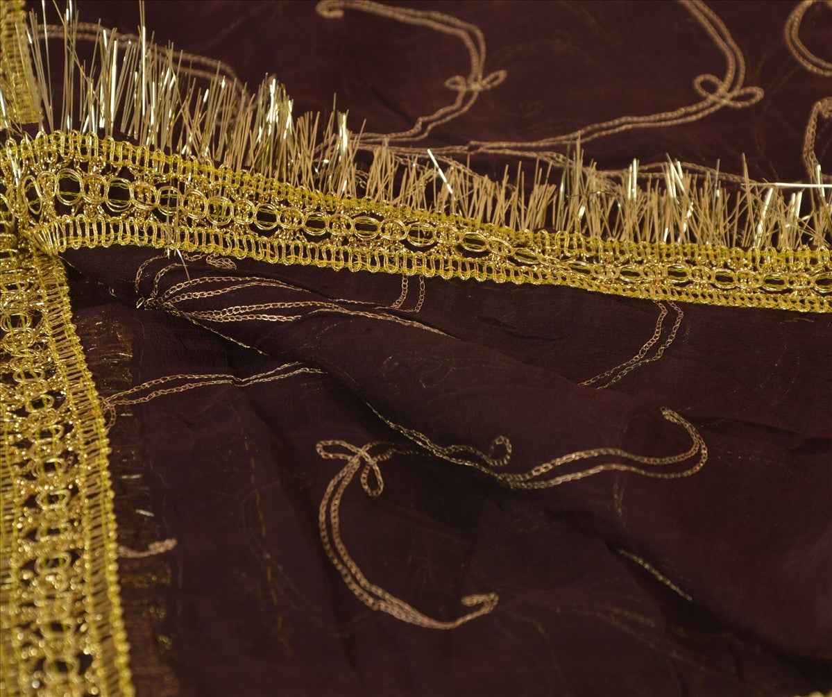 Sanskriti Vintage Dupatta Long Stole Georgette Brown Scarves Hand Embroidered Hijab