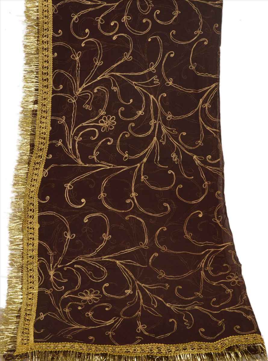 Sanskriti Vintage Dupatta Long Stole Georgette Brown Scarves Hand Embroidered Hijab