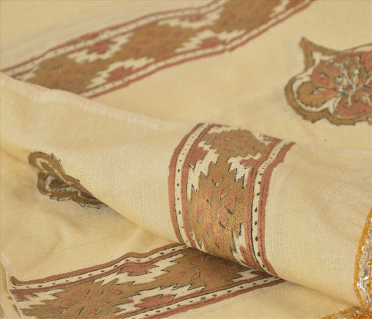 Sanskriti Vintage Dupatta Long Stole Art Silk Cream Scarves Painted Hijab