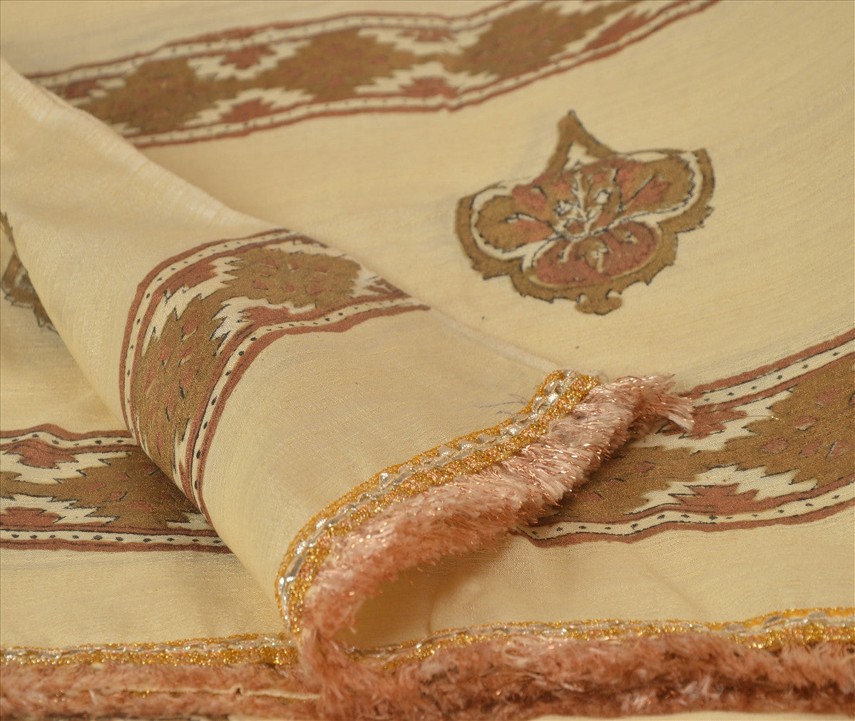 Sanskriti Vintage Dupatta Long Stole Art Silk Cream Scarves Painted Hijab