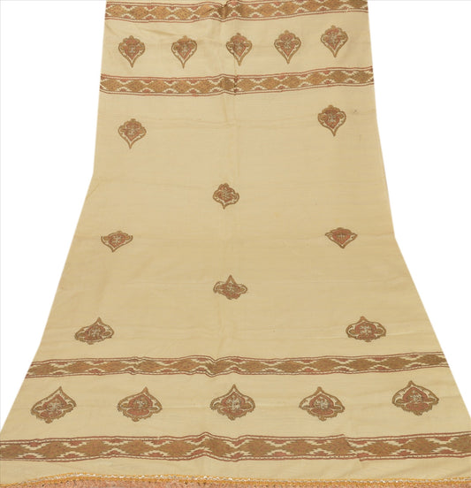 Sanskriti Vintage Dupatta Long Stole Art Silk Cream Scarves Painted Hijab