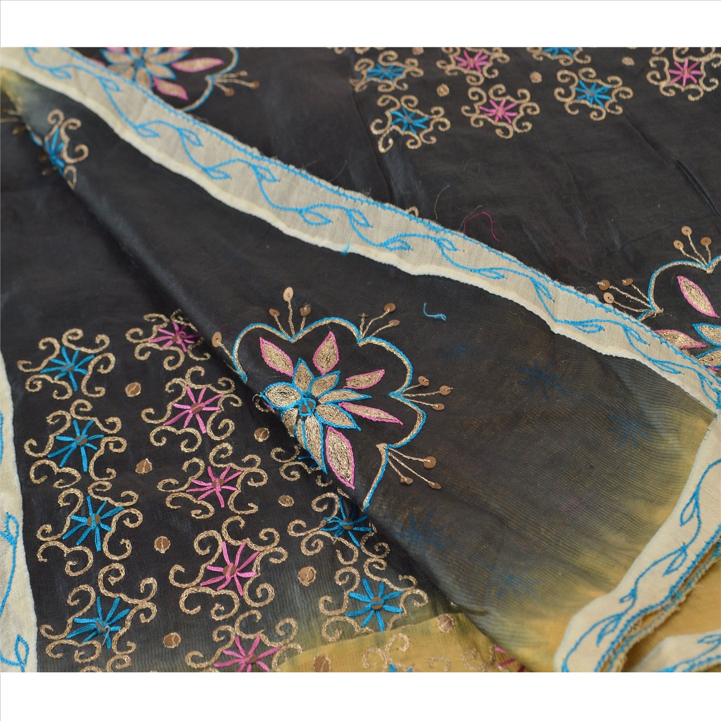 Sanskriti Vintage Dupatta Long Stole Cotton Black Hand Beaded Wrap Veil