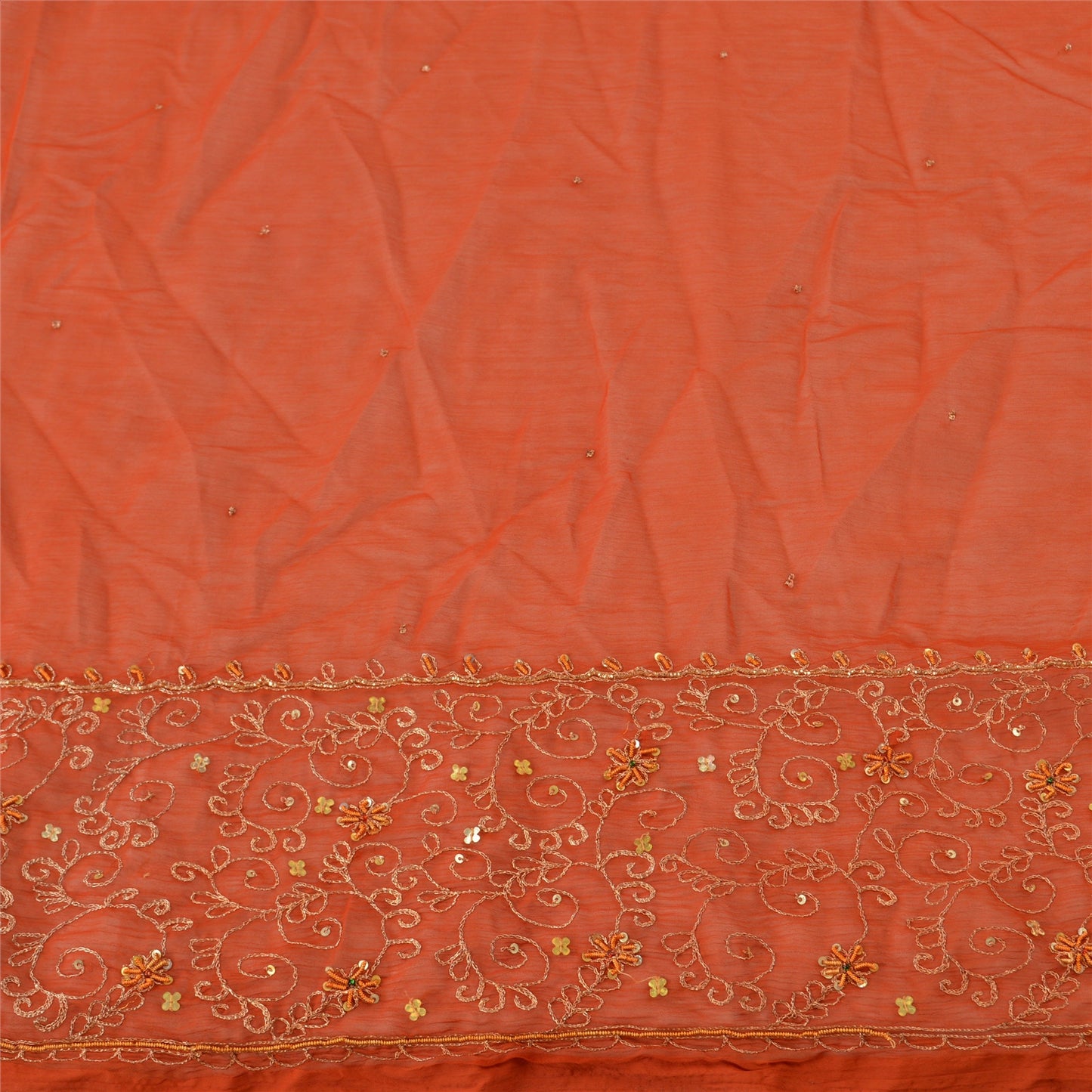 Sanskriti Vintage Dupatta Long Stole Chiffon Silk Orange Hand Beaded Wrap Veil