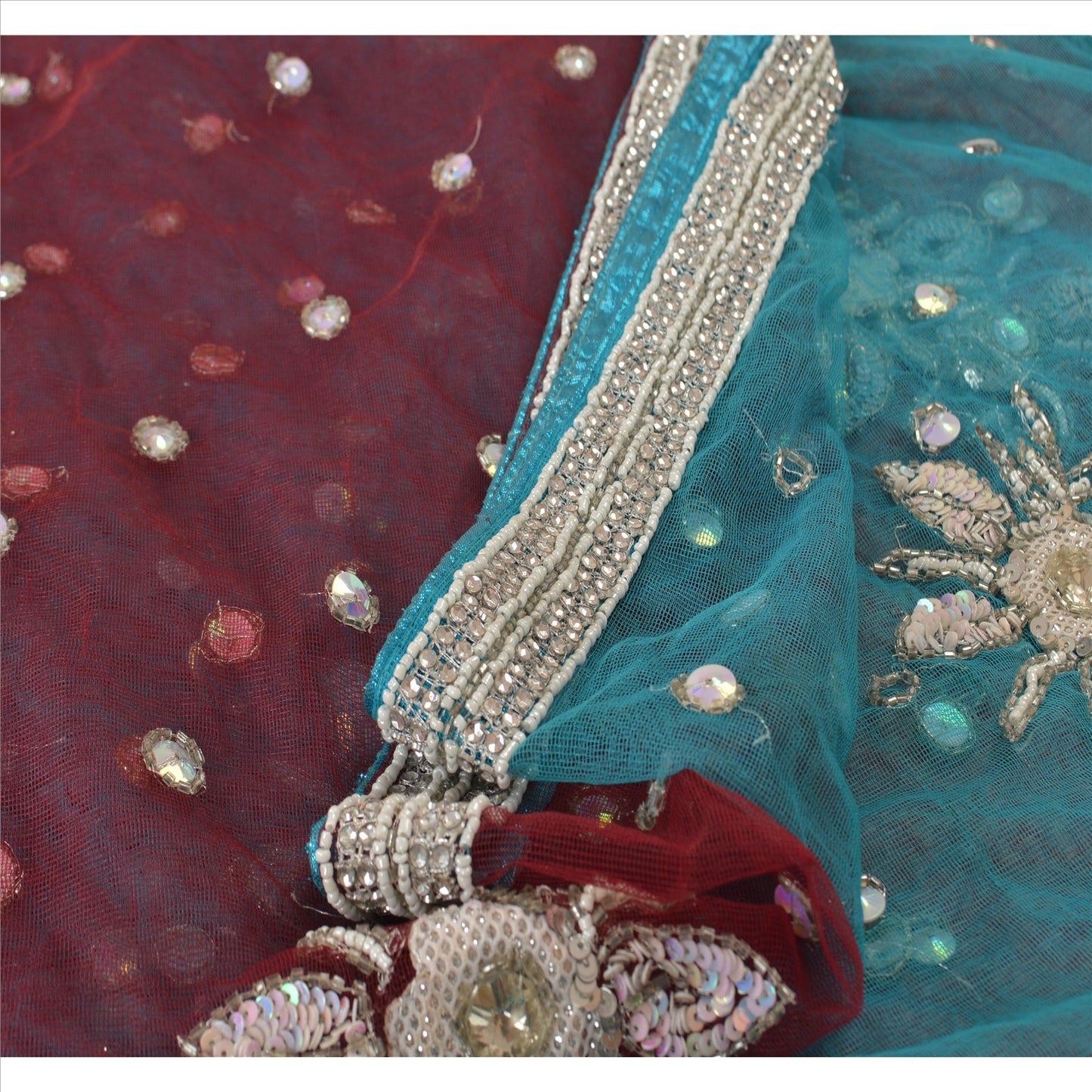 Sanskriti Vintage Dupatta Long Stole Net Mesh Maroon Scarves Hand Beaded Hijab